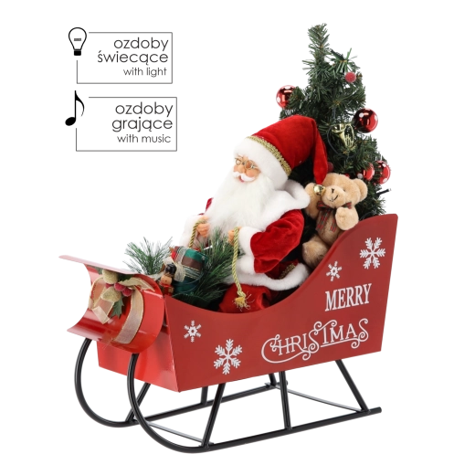 Moș Nicolae în sanie cu brad de Crăciun cu LED și melodii 60 cm