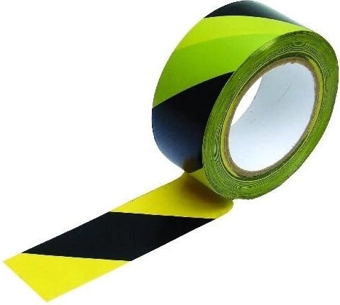 Bandă adezivă de avertizare autocolantă galben-negru, dungi oblice spre stânga 48 mm × 33 m