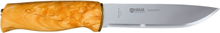 Helle Jegermester cuțit de vânătoare 13,5 cm cu mâner din mesteacăn creț și teacă din piele