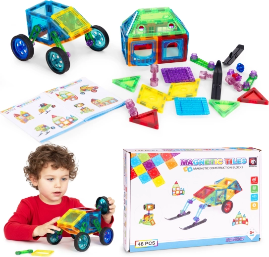 Set de construcție magnetică 48 piese – căsuță și mașină