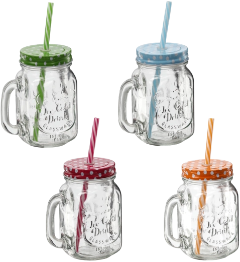 Cană de sticlă cu capac metalic și pai 450 ml