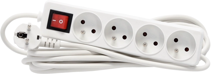 Prelungitor cu protecție la supratensiune cu întrerupător, 4 prize, cablu 5 m, alb