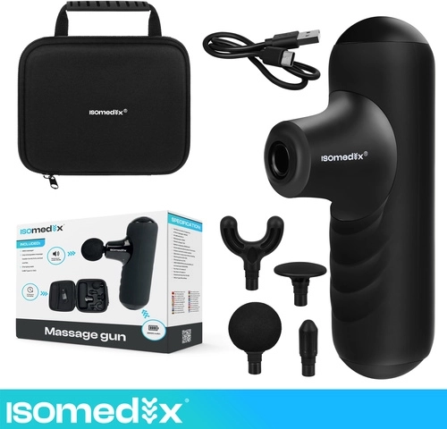 Pistolă de masaj mini Isomedix cu 5 moduri, 4 capete și husă