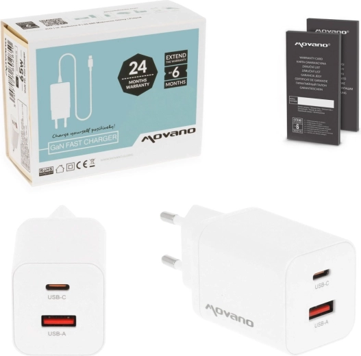 Încărcător Movano GaN 45 W USB‑C PD + USB‑A alb