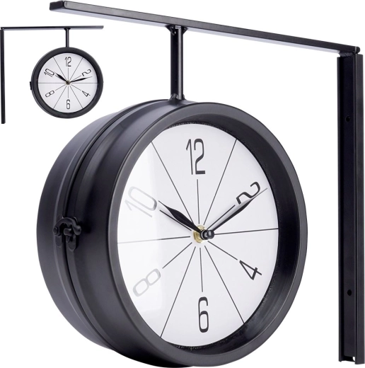 Ceas de perete metalic, dublu-față, 30,5 × 9,5 × 28 cm, negru