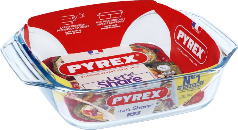 Vas de copt din sticlă Pyrex cu mânere, din sticlă borosilicată 29 × 23 cm, 2,4 l