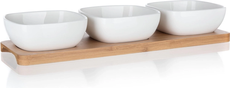 Set de boluri de servire din porțelan pe tăviță din bambus BRILLANTE, 3 boluri