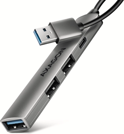 Axagon hue-sta hub USB din aluminiu cu 4 porturi (1× USB‑A 5 Gbps, 2× USB‑A 2.0, 1× USB‑C 2.0) cu cablu de 12 cm