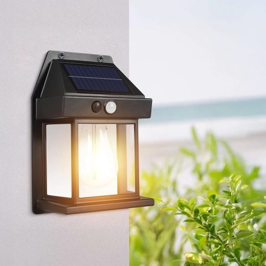 Lampă de perete solară cu senzor de mișcare și bec LED cu filament, neagră