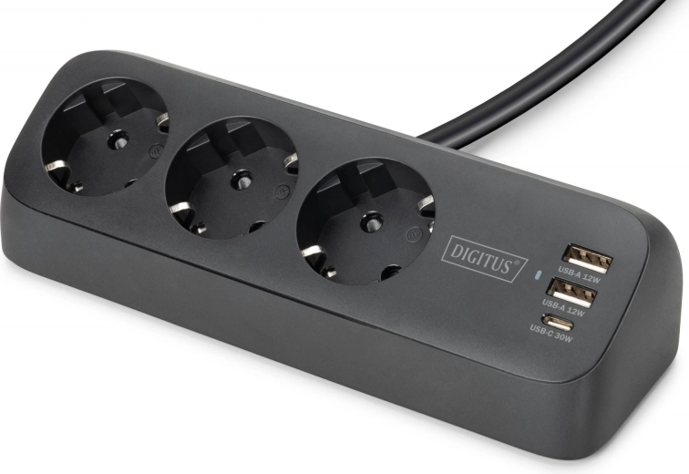 prelungitor de masă cu protecție la supratensiune, 3 prize Schuko și USB-A/USB-C, cu prindere tip clemă pentru blat, negru