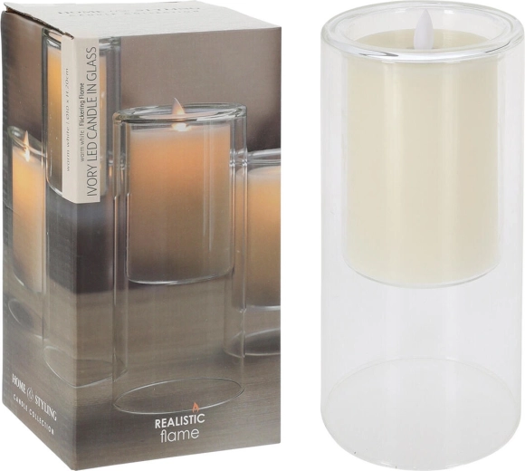 Lumânare LED IVORY în pahar cu flacără pâlpâitoare 10 × 20 cm