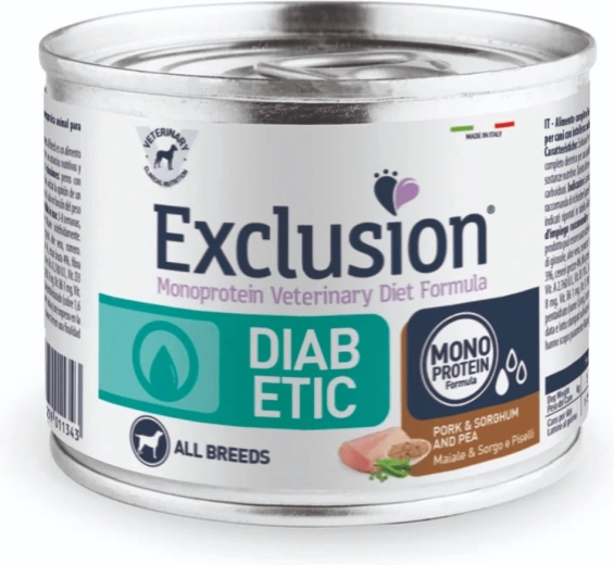 Exclusion Diabetic conservă pentru câini de toate rasele, porc cu sorg și mazăre 200 g