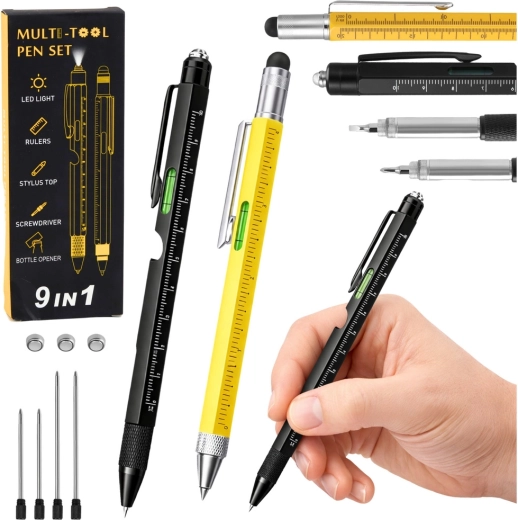 Set de pixuri metalice multifuncționale 9‑în‑1 cu lanternă LED, nivelă și șurubelniță – galben și negru, 2 buc.