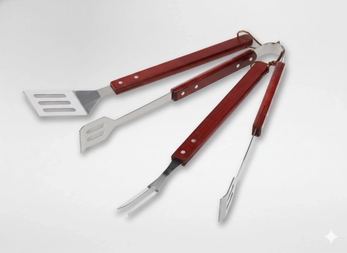 Set de 3 ustensile pentru grătar cu mânere din lemn – spatulă, clește și furcă