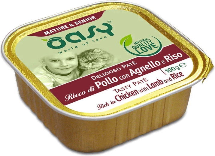 Oasy Tasty Pate Mature & Senior – pastă pentru pisici cu pui, miel și orez 100 g
