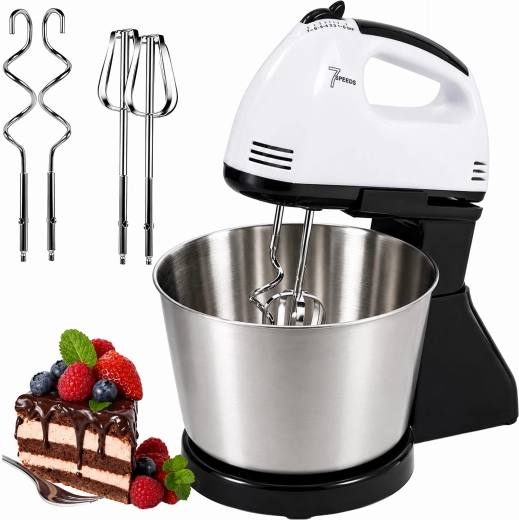 Mixer de mână de bucătărie cu suport și bol din inox, 7 viteze