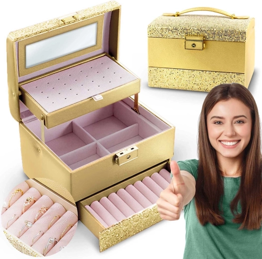 Casetă de bijuterii aurie MASSIDO cu mâner și încuietoare