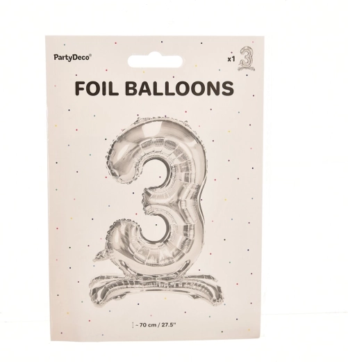 Balon din folie, stativ, cifra 3, argintiu, 70 cm