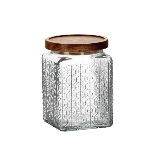 Borcan din sticlă 850 ml, pătrat, cu capac din lemn