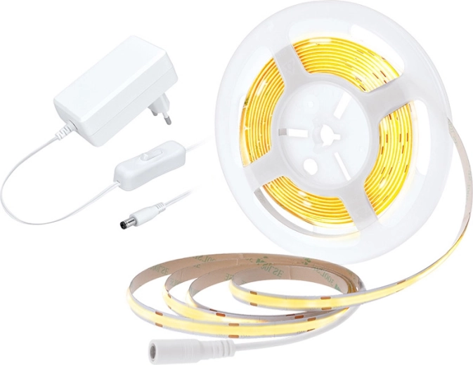 Bandă LED COB Solight cu adaptor și întrerupător, 5 m, alb cald