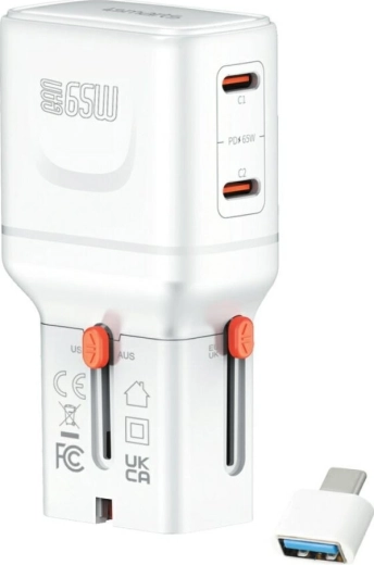 Încărcător de călătorie 4smarts World Travel Adapter Nomad Pocket GaN 65 W, USB‑C + USB‑A, alb