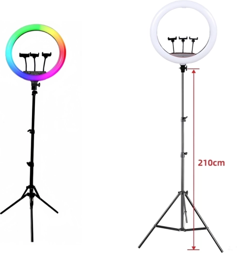 Lumină circulară LED RGB pe trepied cu 3 suporturi pentru telefon (45 cm)