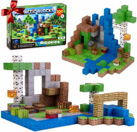 Set de construcție magnetic cu cuburi pixelate, 300 de piese