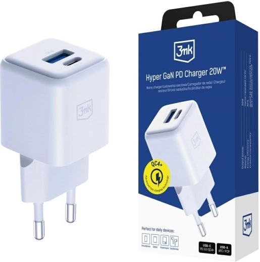 Încărcător de rețea 3mk Hyper GaN 20 W USB-A și USB-C alb