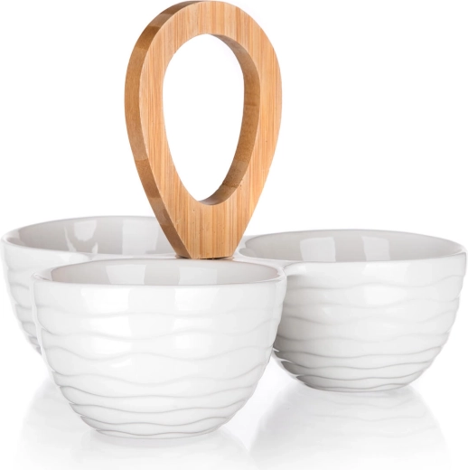 Set de servire cu trei boluri din porțelan cu mâner din bambus BRILLANTE