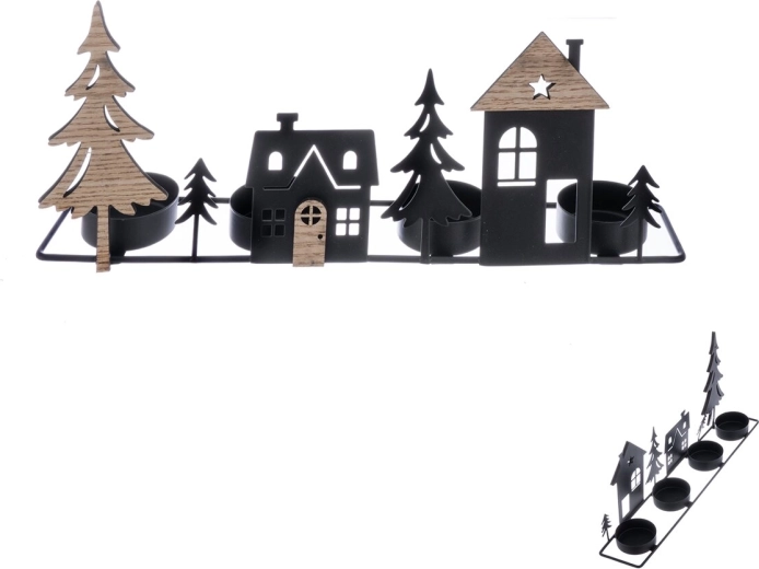 Sfeșnic de Advent din lemn și metal, negru, 28 × 5 × 12 cm