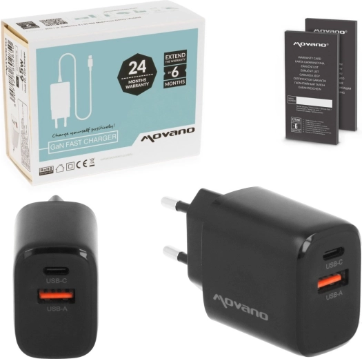 Încărcător de rețea Movano GaN 20 W USB-C PD + USB-A negru