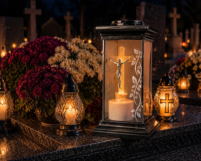 Felinar solar pentru cimitir cu cruce LED 28 cm