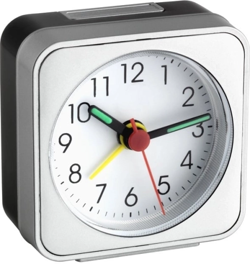 Ceas deșteptător electronic TFA cu ace luminescente, alb‑argintiu