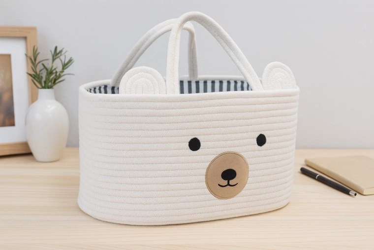 Coș textil pentru jucării cu urechiușe – organizator alb cu animăluț 32 × 22 × 20 cm