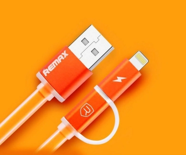Remax Aurora cablu 2‑în‑1 de încărcare și date USB–Lightning/micro‑USB, portocaliu