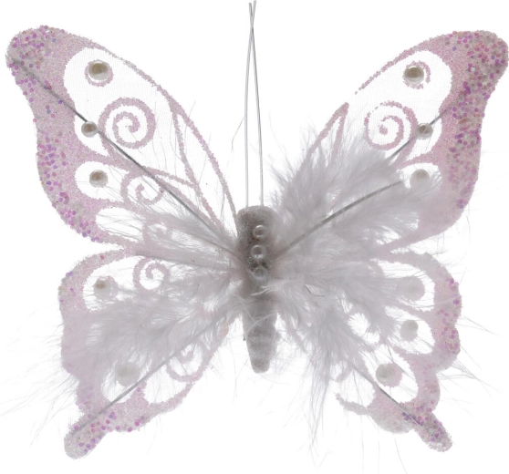 Fluture decorativ din pene pe clips, alb, 15,5 cm (2 buc)