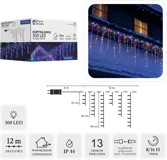 Perdea luminoasă tip țurțuri (sople) 300 LED multicolor 3 × 12 m - 1 bucată