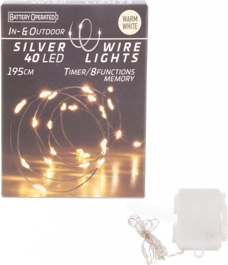 Instalație LED pe fir subțire, 40 LED alb cald, cu temporizator, pentru utilizare în interior și exterior