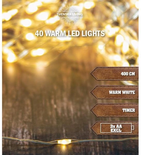 Șir luminos de Crăciun cu 40 LED și temporizator 4 m, alb cald