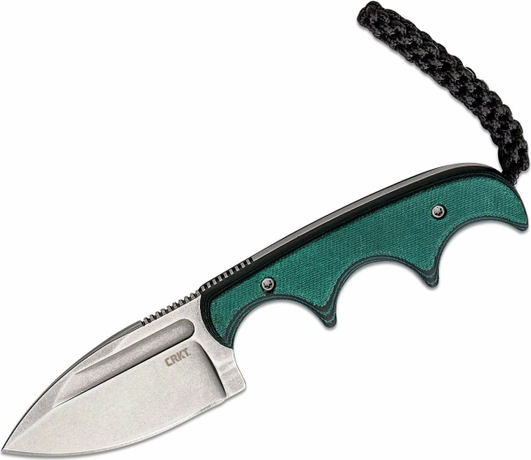 CRKT Minimalist Spear Point – cuțit de gât, stonewash, Micarta verde‑negru, 5,5 cm