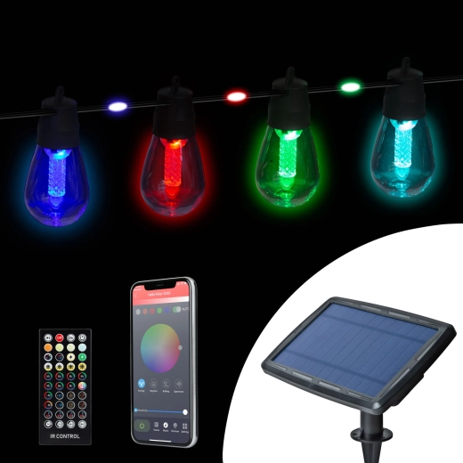 Ghirlandă luminoasă solară inteligentă cu LED-uri RGB colorate, 14,5 m, Bluetooth