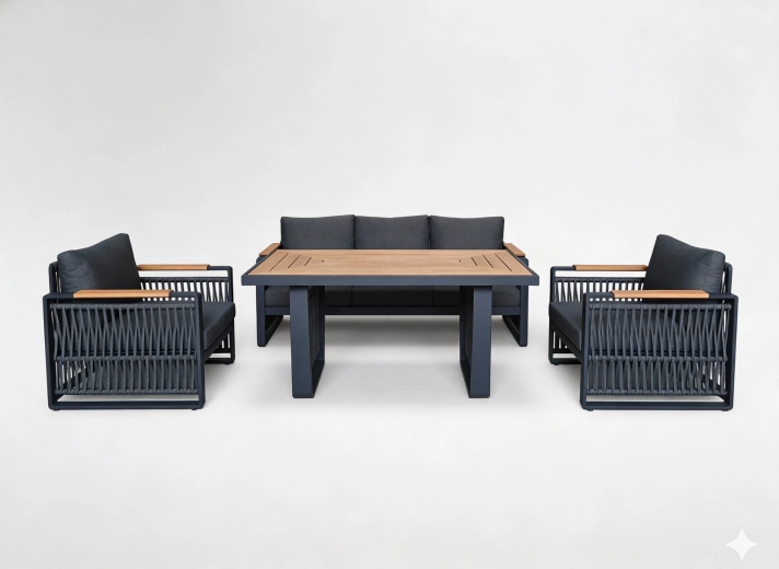 Set lounge de grădină Skopje din aluminiu, canapea cu 3 locuri, 2 fotolii și masă, gri