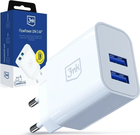 Încărcător de rețea 3MK FlowPower 10 W, 2× USB-A, 2,4 A, alb