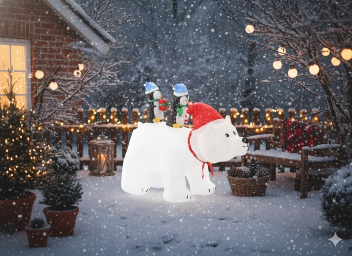 Decorațiune de Crăciun gonflabilă urs polar cu pinguini, LED, 200 cm