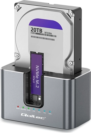 Stație de andocare Qoltec 2în1 pentru HDD/SSD SATA și M.2 NVMe cu clonare, USB-C 10 Gb/s