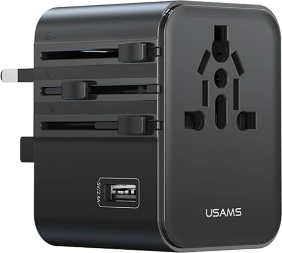 USAMS adaptor universal de călătorie și încărcător 17 W (2× USB‑C + USB‑A) 4în1 US/AU/EU/UK, negru