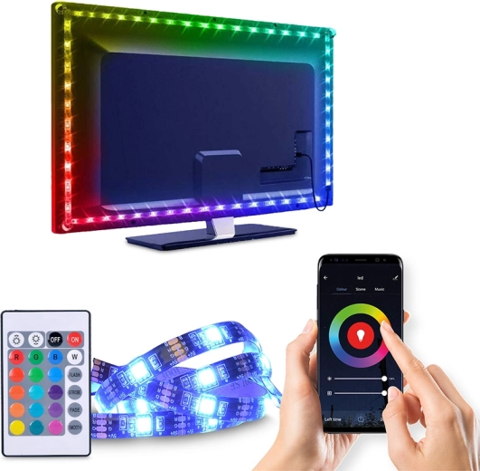 Bandă LED inteligentă Wi‑Fi RGB Solight pentru iluminarea de fundal a televizorului, 4 × 50 cm, USB