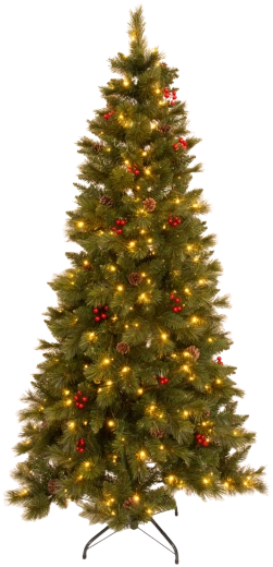 Brad artificial de Crăciun 180 cm, verde, cu scoruş, conuri şi iluminare LED