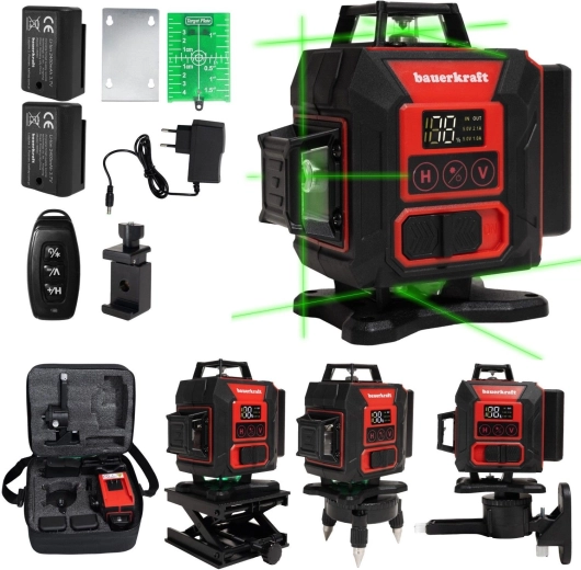 Laser 4D cu autonivelare, cu linii încrucișate, 360°, cu fascicul verde și 16 linii