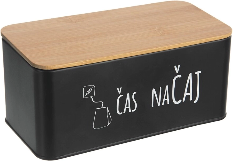 Cutie metalică pentru ceai cu capac din bambus „Timp pentru ceai” black (CZ/SK)